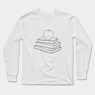 Apple on Book Stack - Red Apple & Black Books Line Art Long Sleeve T-Shirt